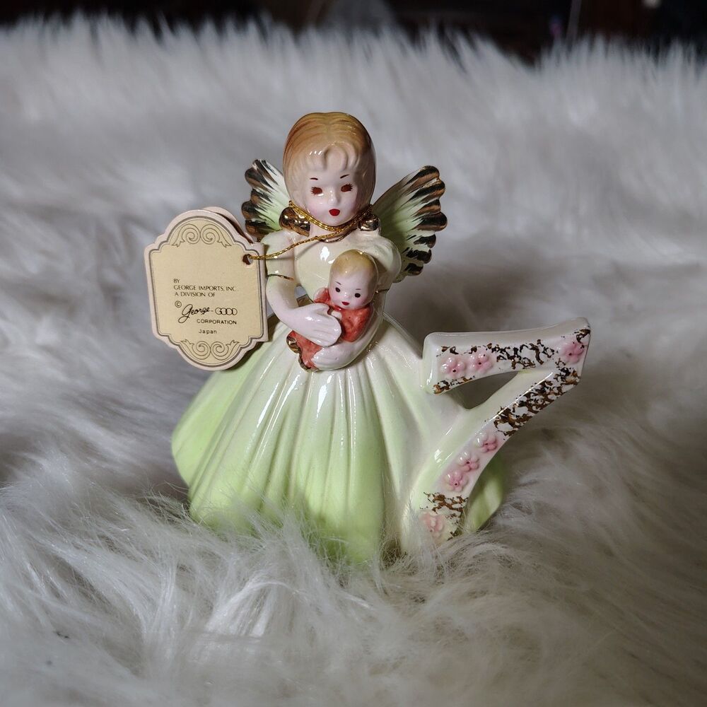 Mid Century Josef Originals 7th Birthday Angel W Green Dress VTG Figurine NWTS